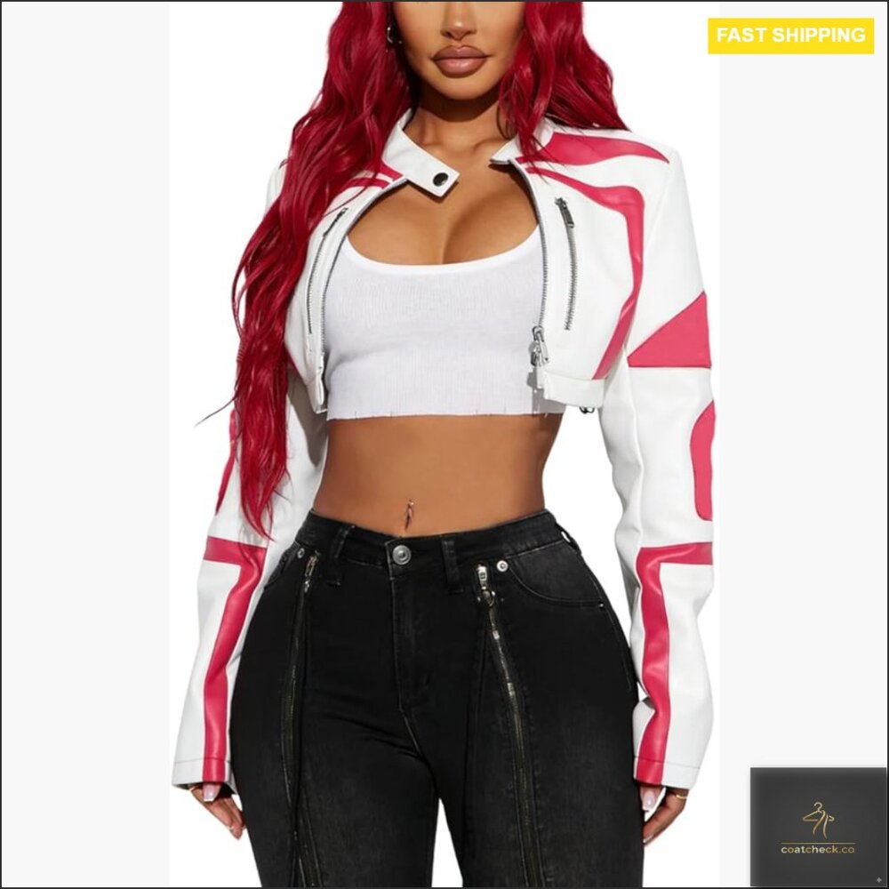 White & Pink Cropped Moto Jacket - Women's Fashion